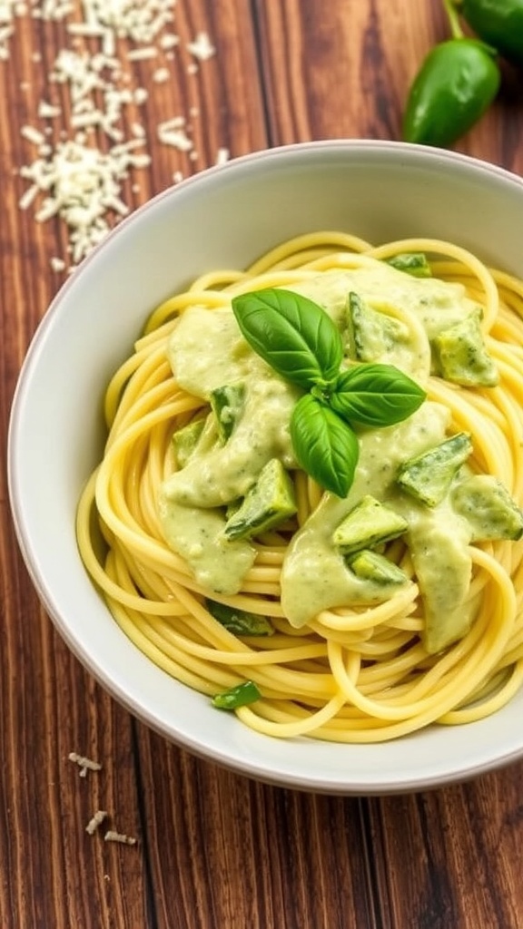 A bowl of creamy zucchini pasta sauce over spaghetti, garnished with basil and Parmesan on a rustic table.